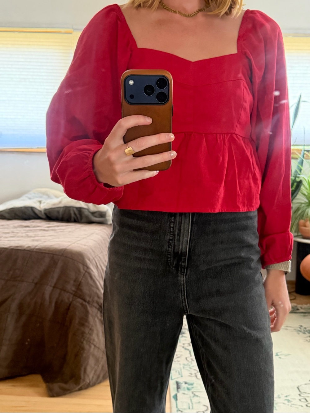 Urban Outfitters Red Square-Neck Puff Sleeve Women's linen and Cotten blend Top
